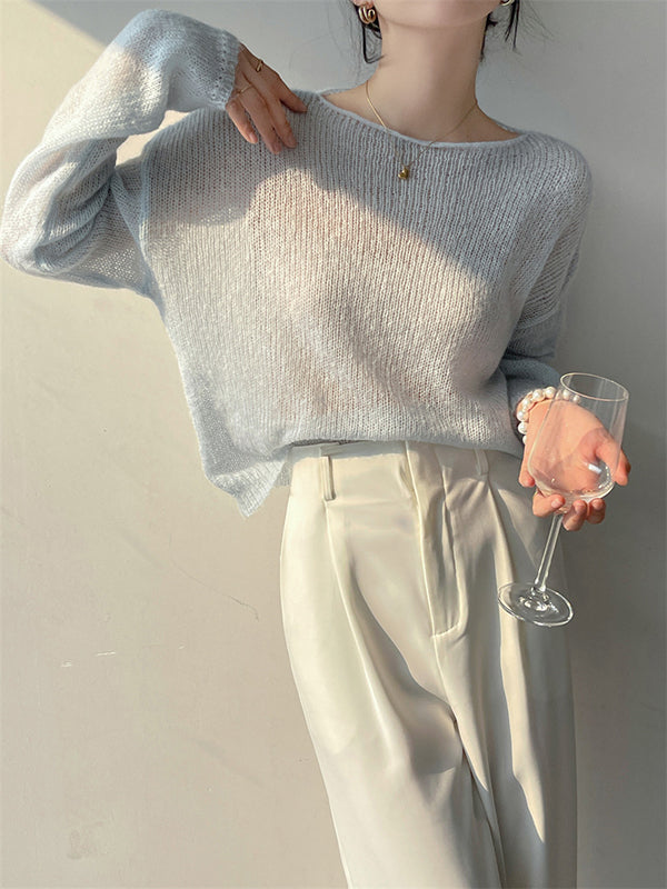 Pull fin tricoté en Mohair doux, manches longues, couleur unie, hauts fins