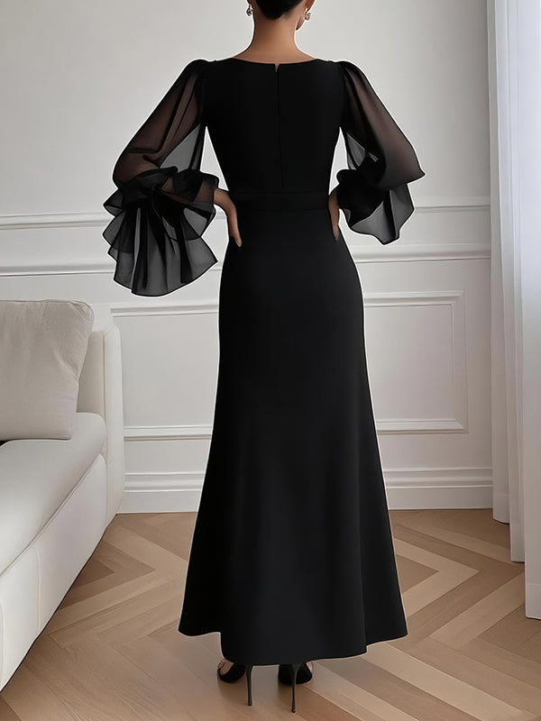 Robe longue fendue sur le côté à manches évasées, à manches longues, à fermeture éclair, à col en V, couleur unie