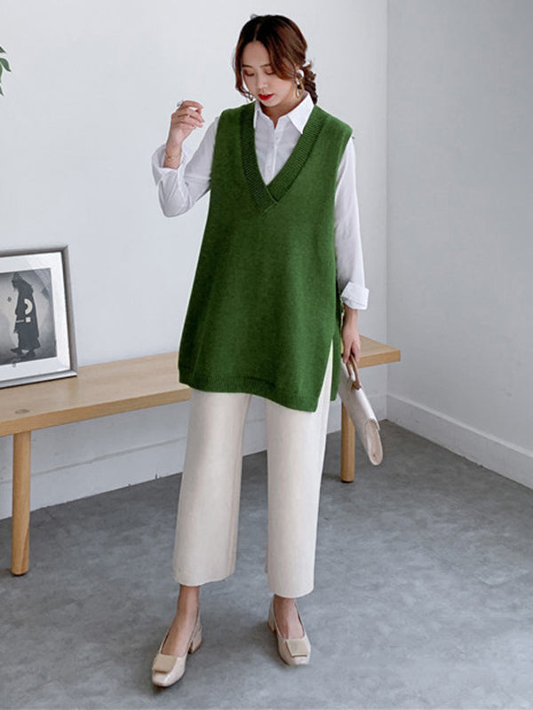Gilet tricoté sans manches à la mode, fendu sur le côté, couleur unie, col en V