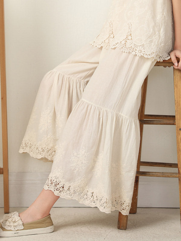 Pantalon évasé ample brodé vintage, taille haute, à jambes larges