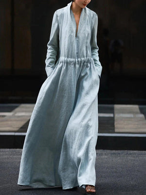 Robe longue ample à manches longues, à taille élastique, à col en V, couleur unie