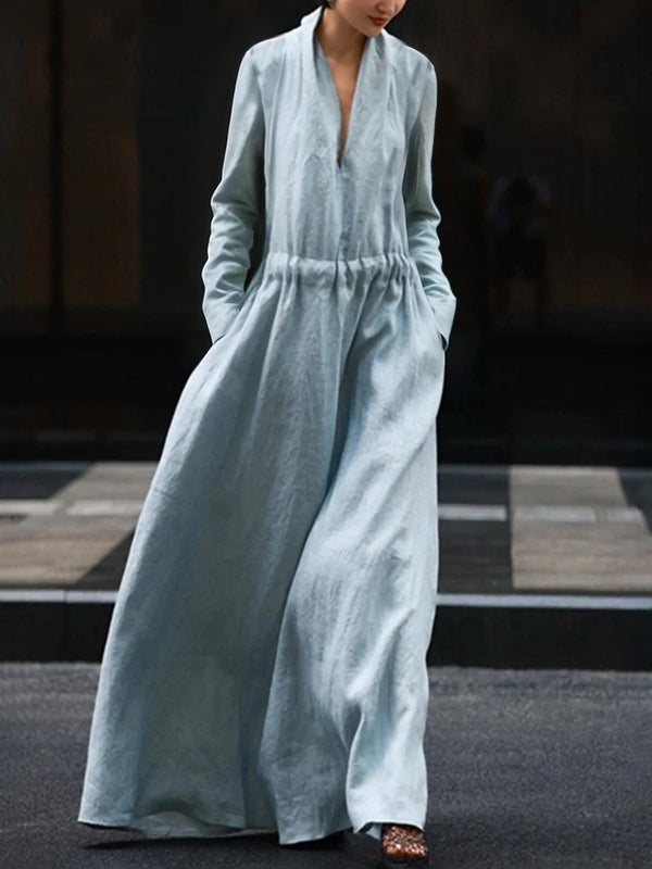 Robe longue ample à manches longues, à taille élastique, à col en V, couleur unie