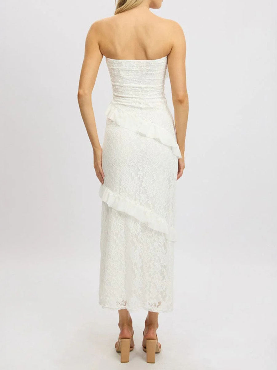 Robe mi-longue moulante volantée coupe trapèze, à empiècements, bustier, couleur unie