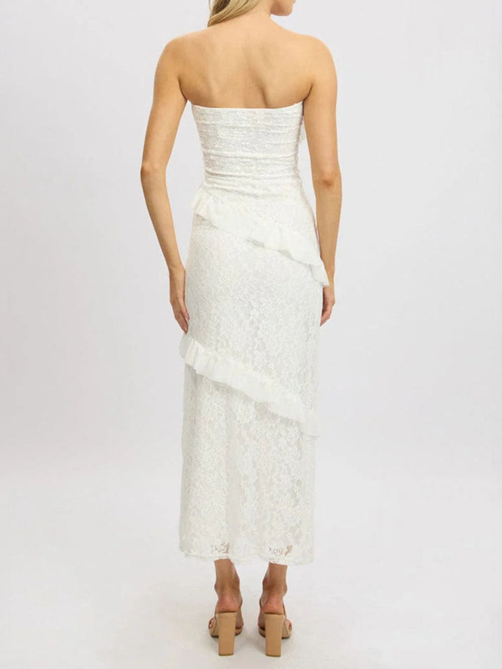 Robe mi-longue moulante volantée coupe trapèze, à empiècements, bustier, couleur unie