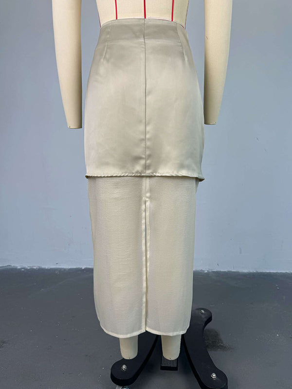 Ensemble deux pièces ample transparent à manches longues, à col revers, couleur unie – chemisier + jupe