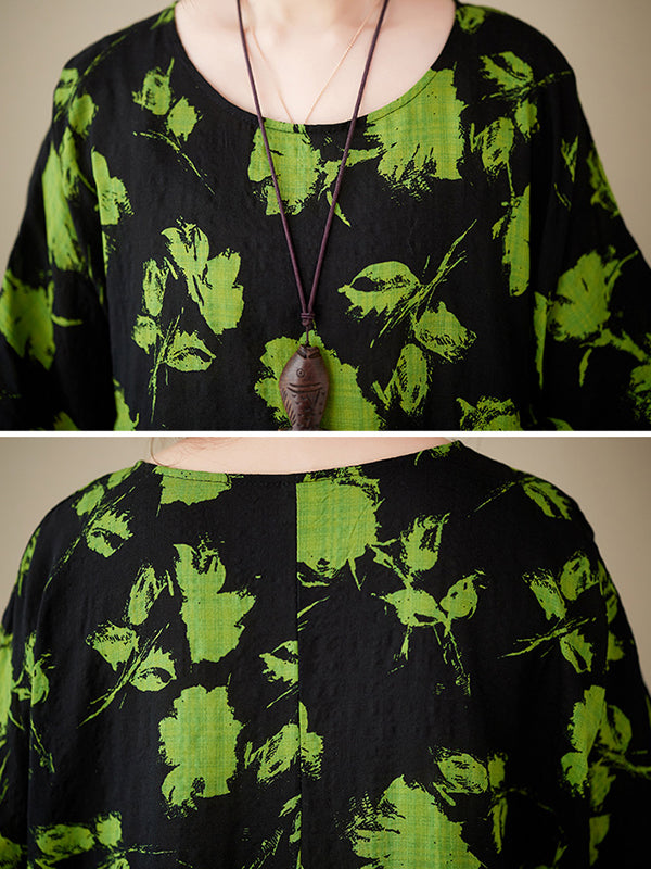 Robe mi-longue ample plissée à fleurs, à col rond