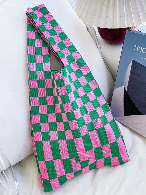 Accessoires de sacs à carreaux de couleur contrastée tissés décontractés