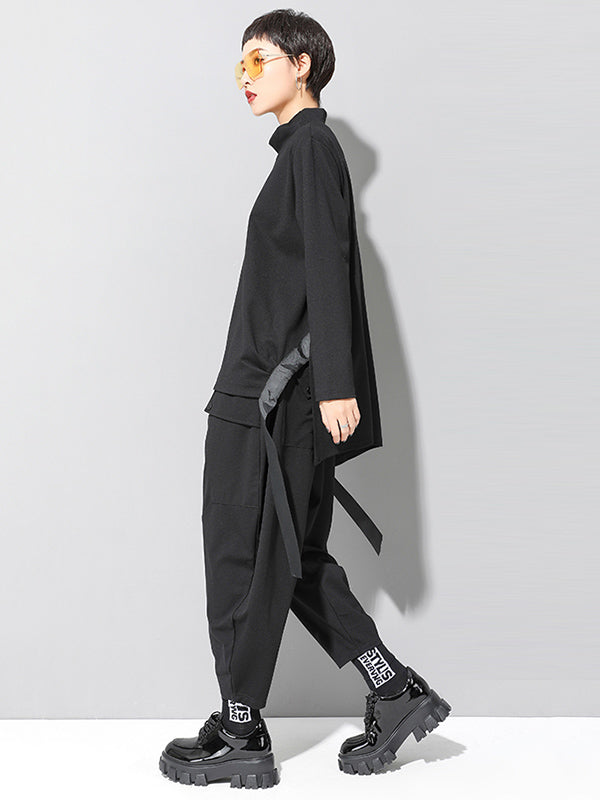 Sarouel élégant noir asymétrique à taille élastique