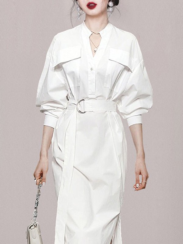 Robe chemise ample transparente fendue sur le côté à manches longues, à empiècements, à taille nouée, à col en V