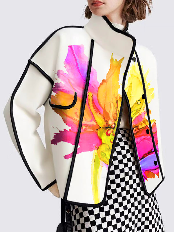 Veste ample boutonnée à manches longues, à imprimé floral, à poches, à empiècements, à col montant
