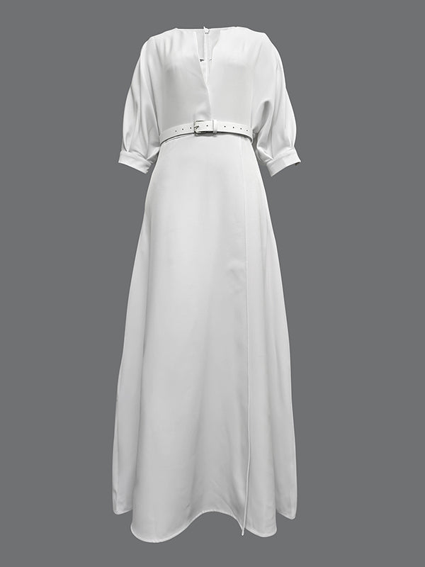 Robe longue ample à manches mi-longues, avec ceinture, à décolleté en V profond, couleur unie