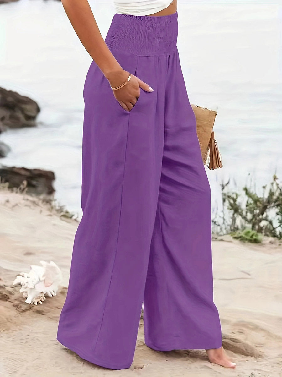 Pantalon plissé à taille élastique, taille haute, à poches, à empiècements, couleur unie