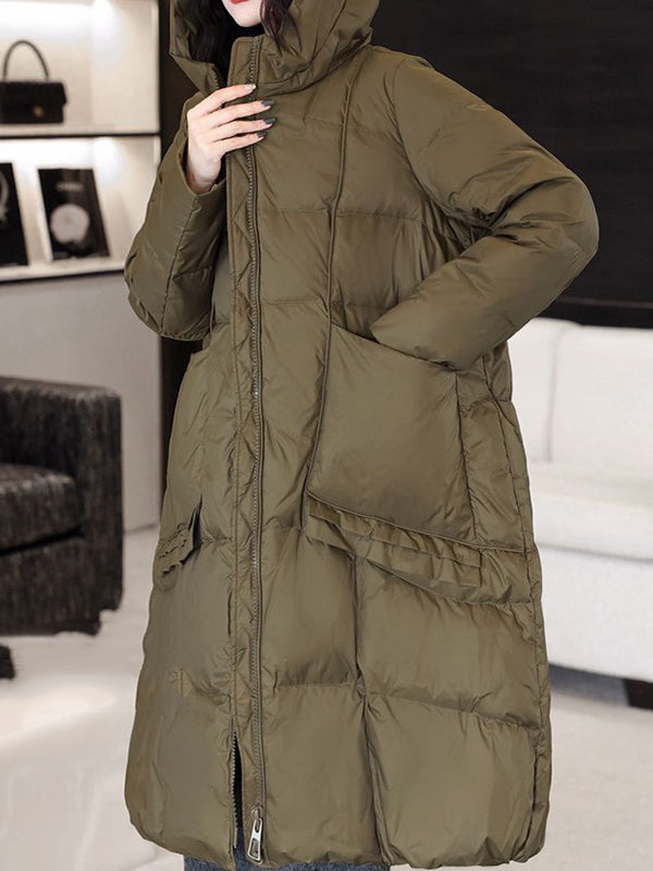 Manteau en duvet à capuche à manches longues et poches amples de couleur unie
