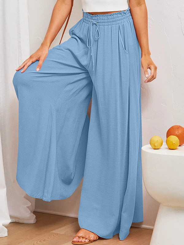 Pantalon ample plissé taille haute, à cordon de serrage, à taille élastique, à poches, couleur unie