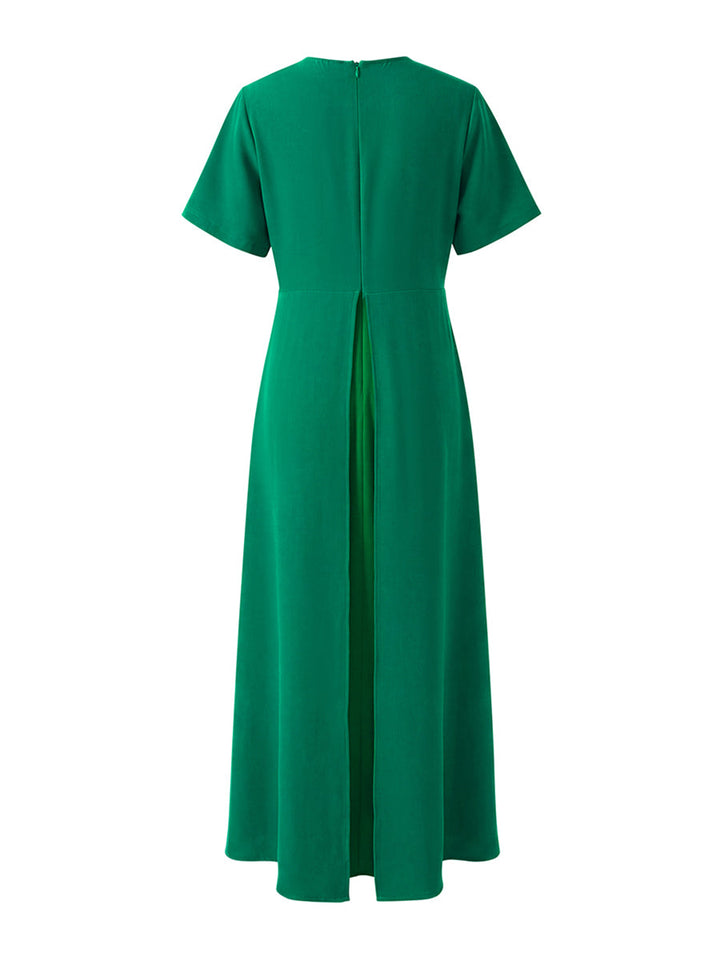 Robe longue plissée coupe trapèze, taille haute, à empiècements, à col rond, couleur unie