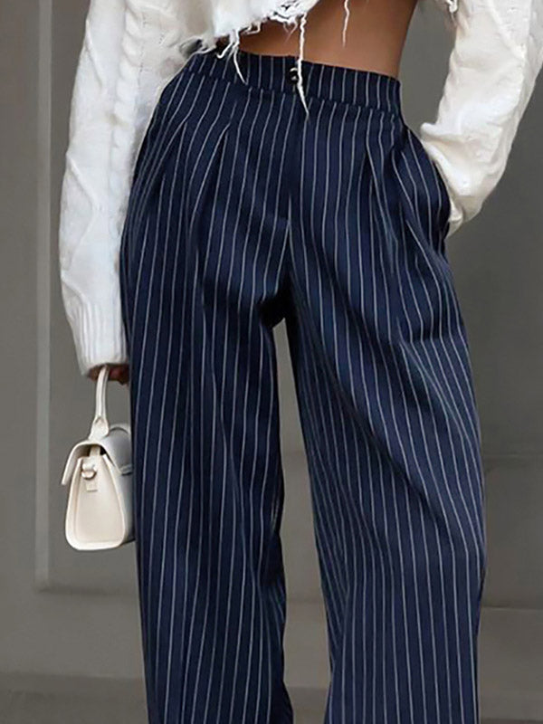 Pantalon Large Taille Haute Pantalon Rayé Boutonné Pantalon