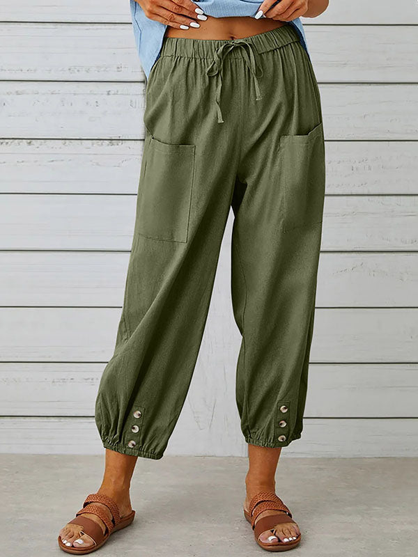 Pantalon ample boutonné taille haute, à cordon de serrage, à taille élastique, à poches, à empiècements