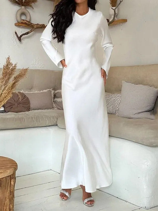 Robe longue coupe trapèze, taille haute, à col rond, couleur unie