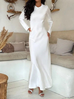 Robe longue coupe trapèze, taille haute, à col rond, couleur unie