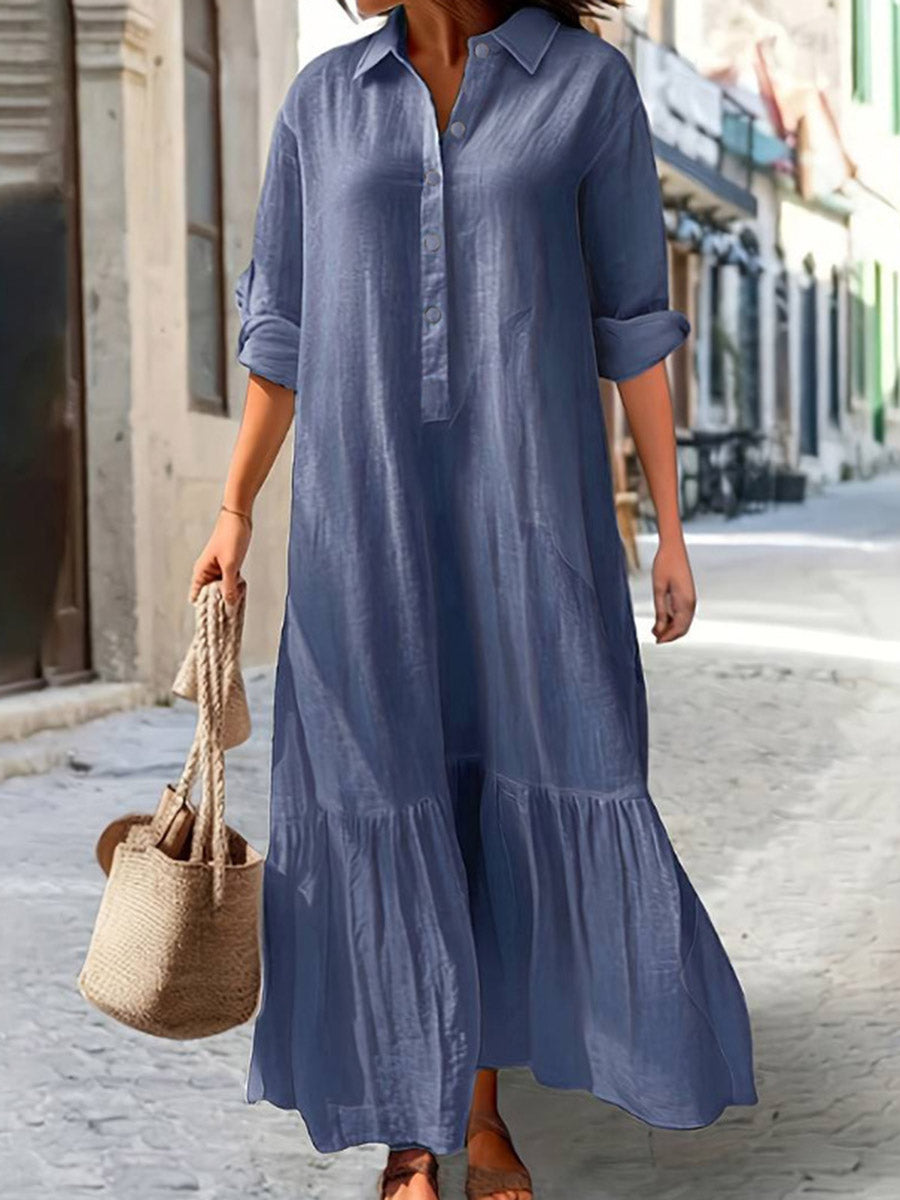 Robe longue boutonnée plissée coupe trapèze, à manches longues, à empiècements, à col revers, couleur unie