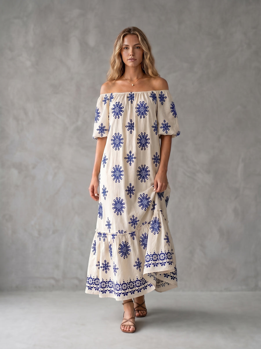 Robe longue plissée imprimée coupe trapèze, à manches mi-longues, à taille élastique, à bordure volantée, à empiècements, à épaules dénudées