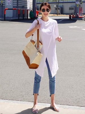 Haut t-shirt uni ample simple fendu sur le devant
