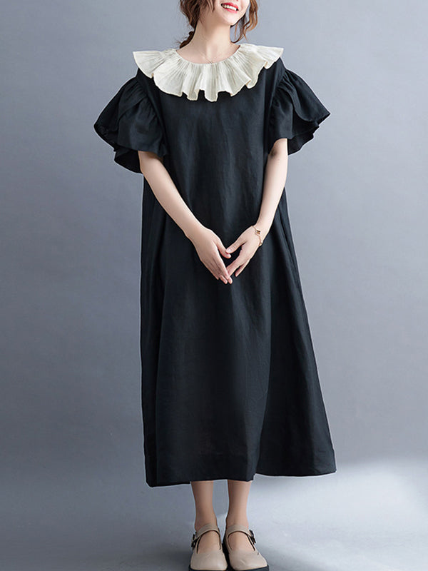 Robe mi-longue vintage, à falbalas, couleur contrastée