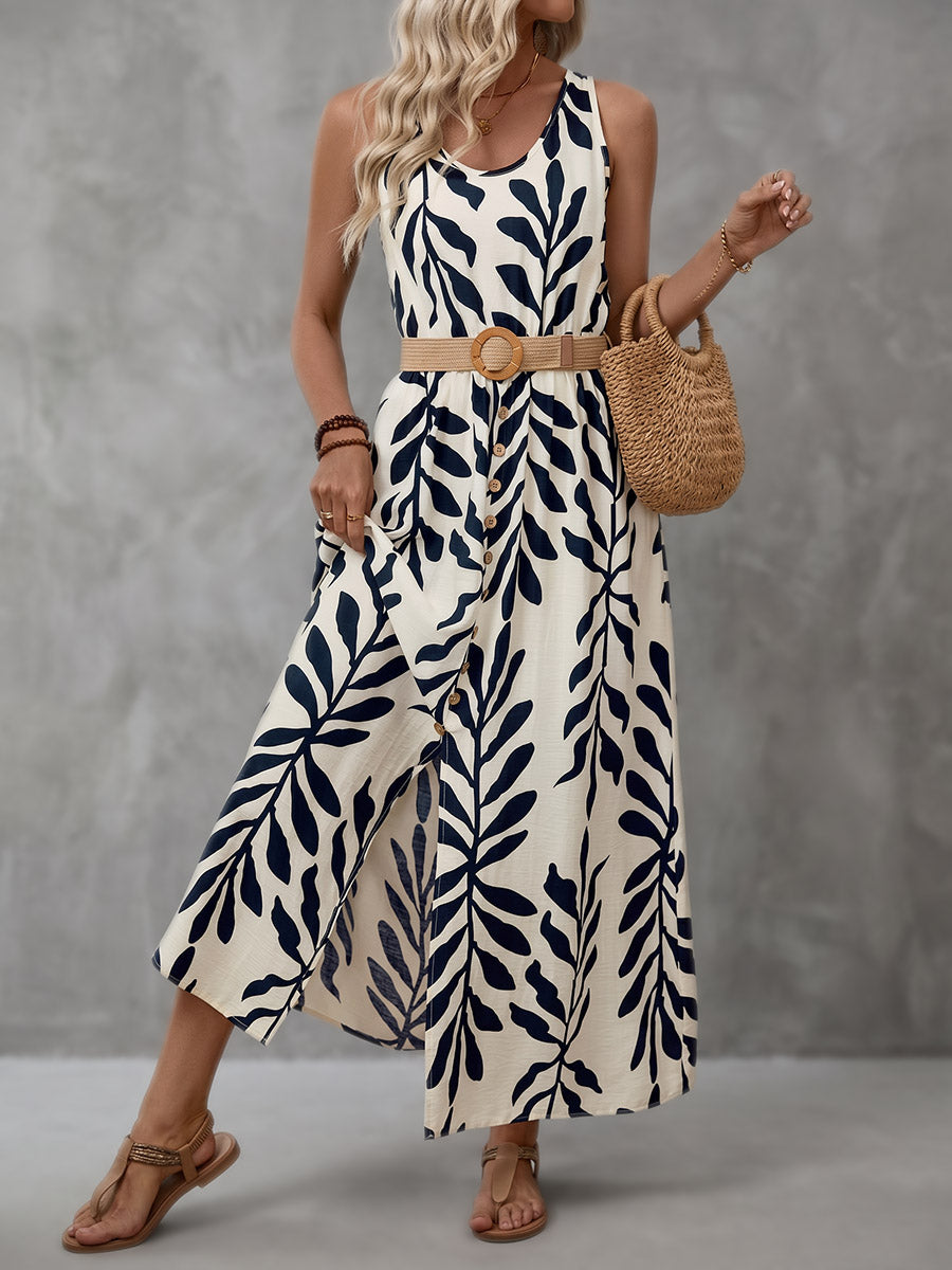 Robe longue boutonnée taille haute, sans manches, à boucle de ceinture, à imprimé feuilles, à col en V, couleur contrastée
