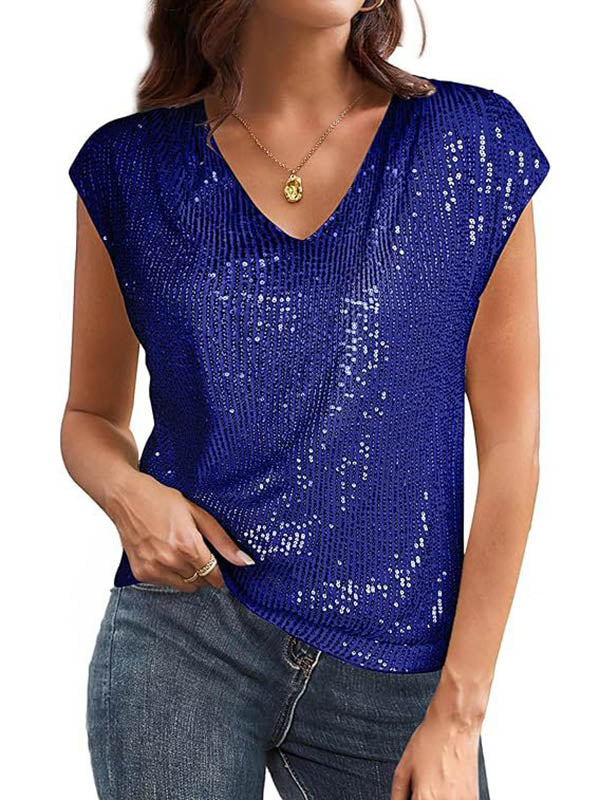 T-shirt ample à manches raglan, à sequins, à col en V, couleur unie