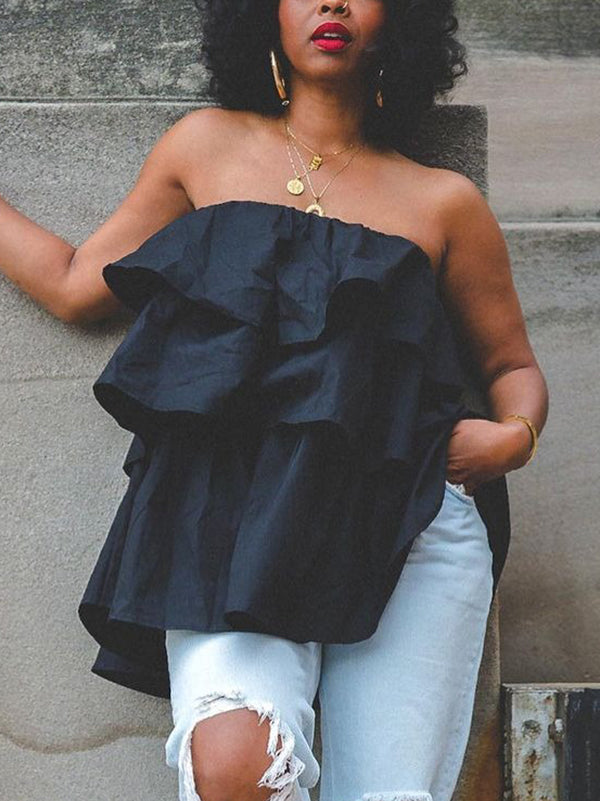 Débardeur ample superposé volanté coupe trapèze, à taille élastique, bustier, couleur unie