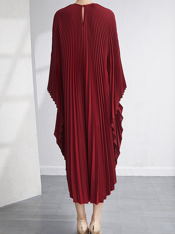 Robe longue ample plissée à manches chauve-souris, couleur unie