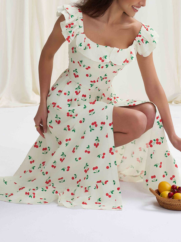 Robe mi-longue ample boutonnée plissée taille haute, à taille élastique, à imprimé floral, à col carré