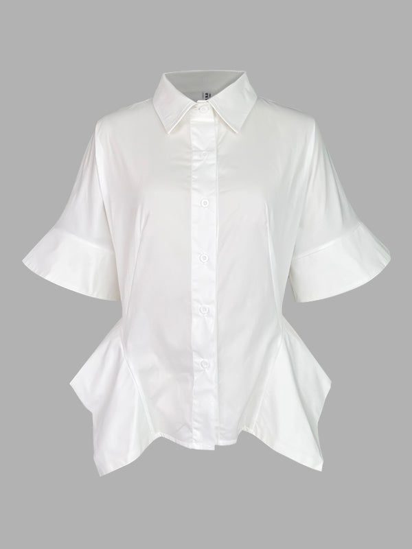 Chemisier ample boutonné à manches mi-longues, à col revers, couleur unie