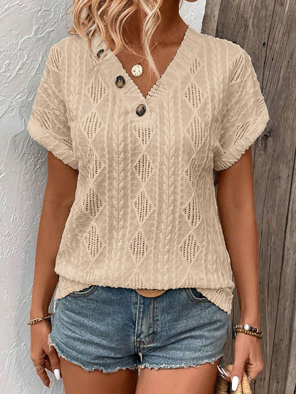 T-shirt ample boutonné à manches courtes, à col en V, couleur unie