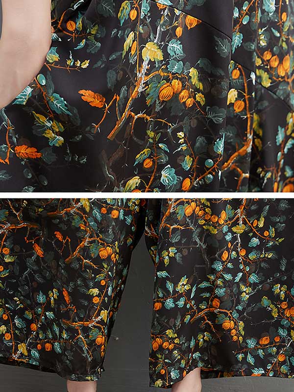Salopette ample artistique rétro, en coton et ramie, à imprimé floral, à col en V
