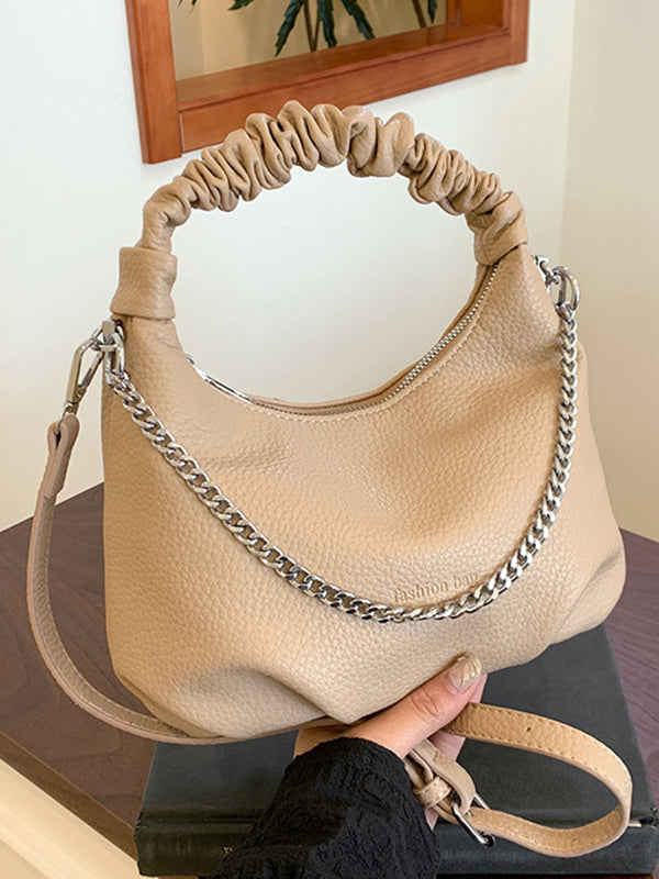 Sac à main plissé à chaîne, à fermeture éclair, couleur unie