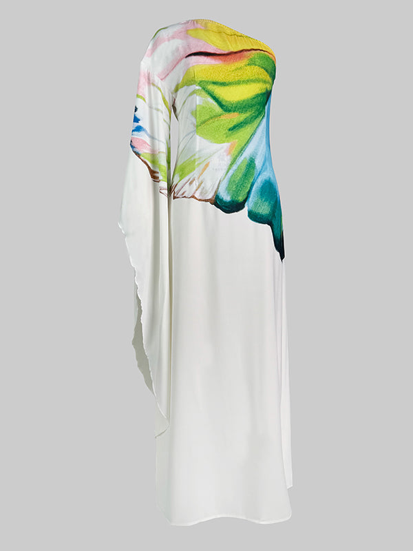 Robe longue ample asymétrique à manches longues, à imprimé floral, asymétrique à une épaule