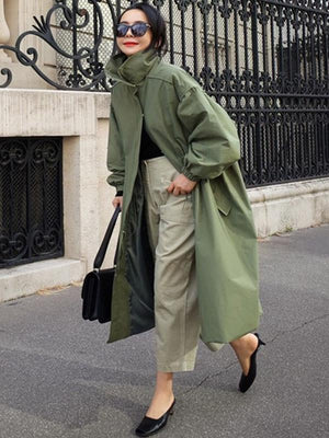 Vêtements d'extérieur longs amples à taille élastique de couleur unie