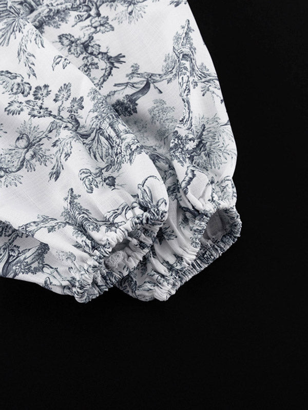 Robe courte ample plissée imprimée à manches bouffantes, à empiècements, à taille nouée, à col montant