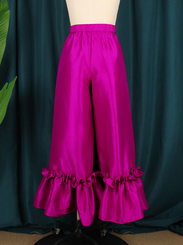 Pantalon évasé ample boutonné Volants taille haute de couleur unie