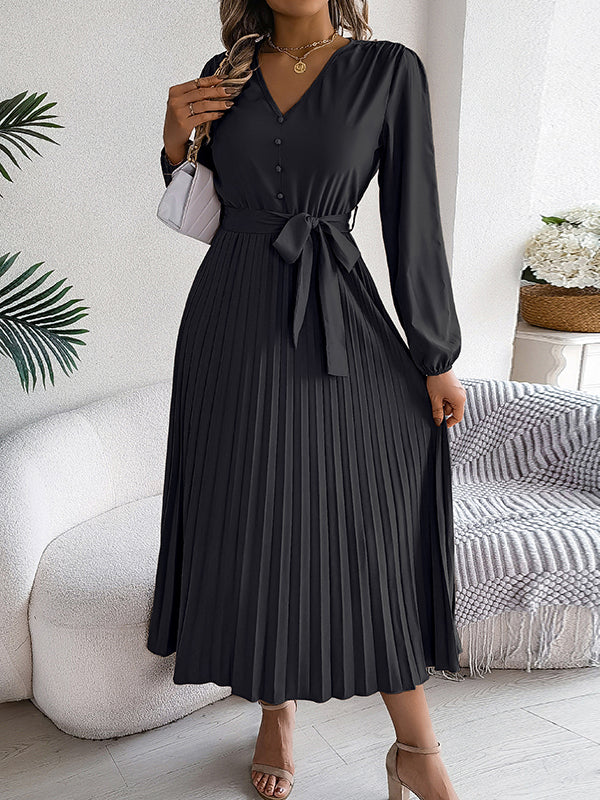 Robe longue boutonnée plissée taille haute, à manches longues, avec ceinture, à col en V, couleur unie