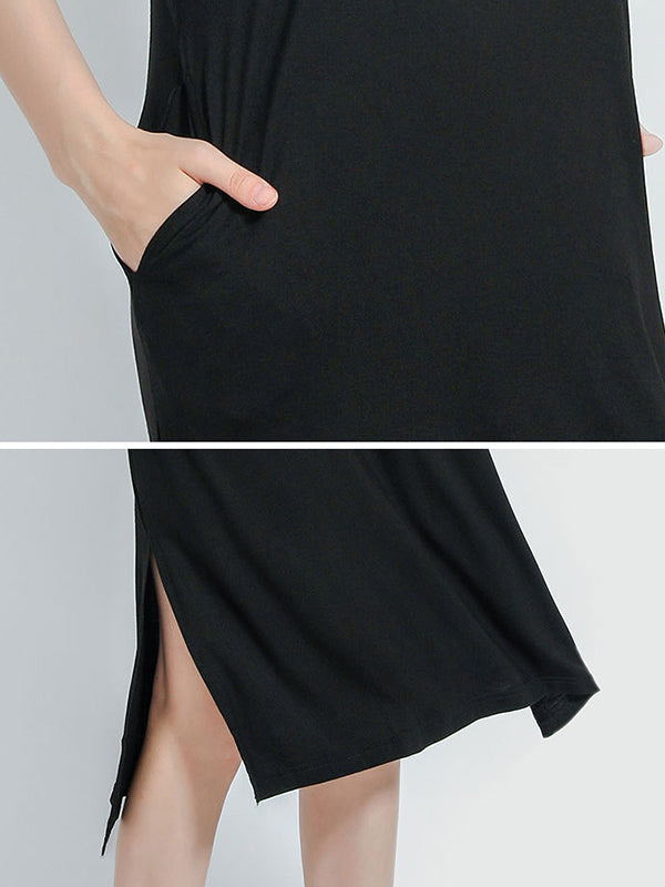 Robe de pyjama simple à manches courtes, ample, fendue sur le côté, couleur unie, col en V