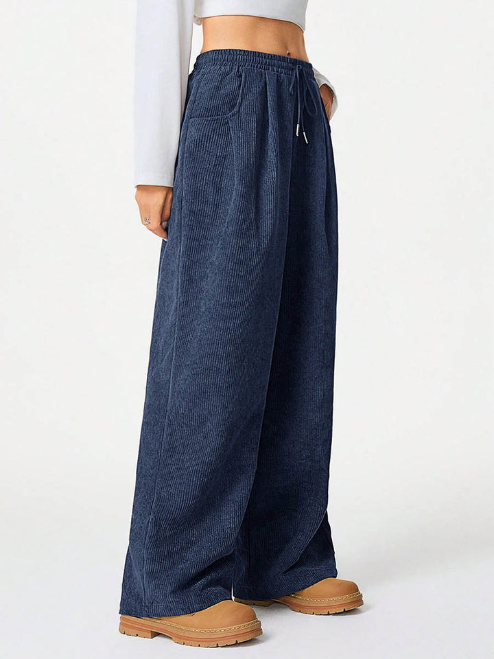 Pantalon taille haute, à jambes larges, à cordon de serrage, à taille élastique, à poches, couleur unie
