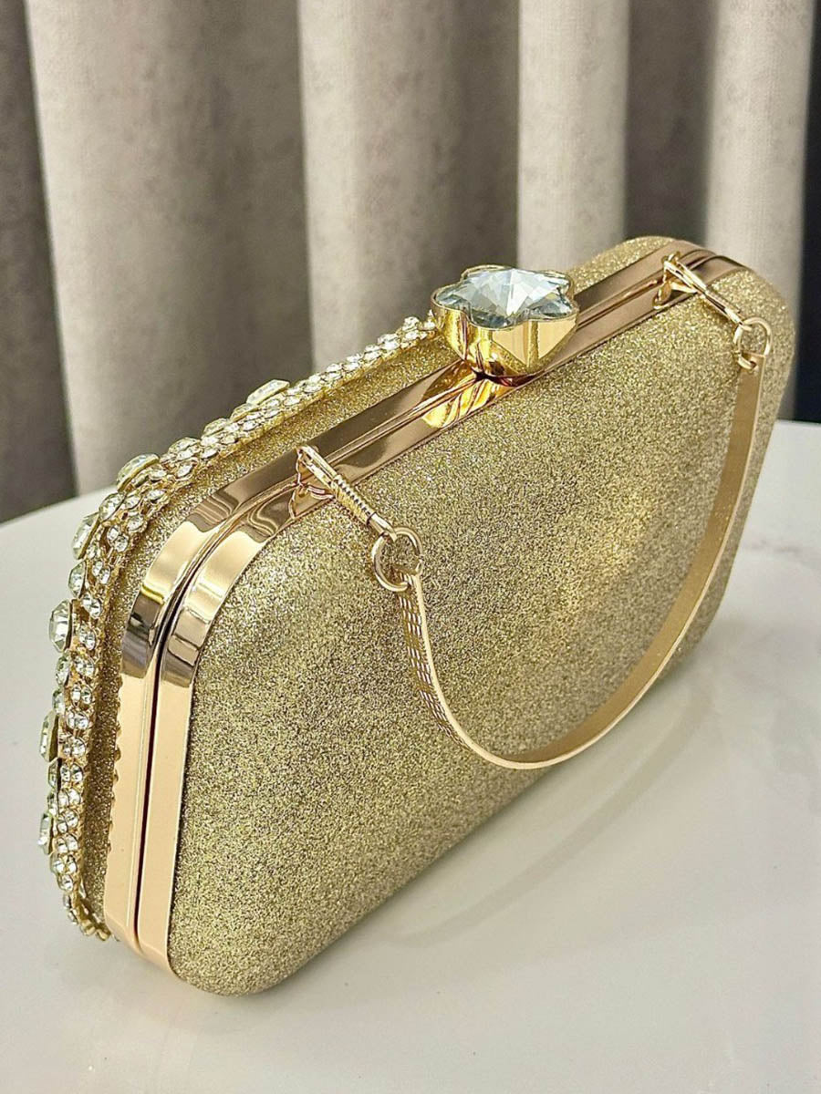 Pochette de soirée géométrique brillante à coupe irrégulière, à chaîne, à cadenas, à strass