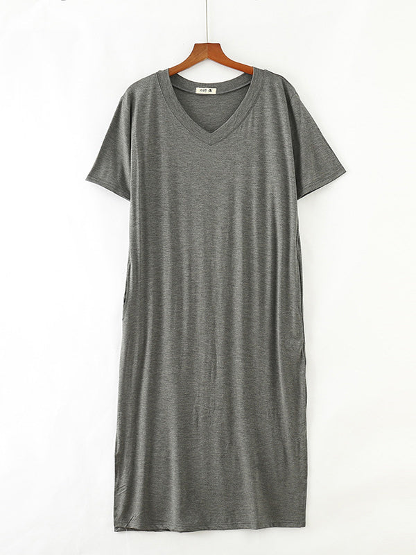 Robe de pyjama simple à manches courtes, ample, fendue sur le côté, couleur unie, col en V