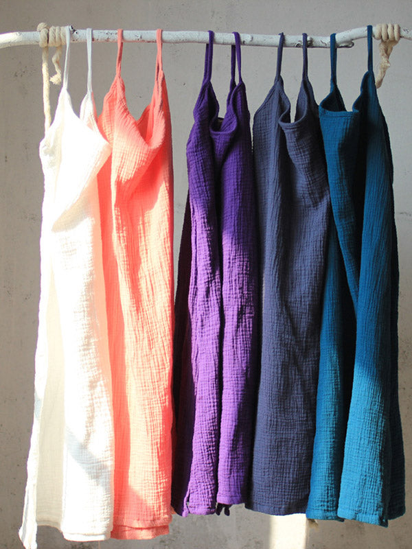 Robe courte ample vintage, à fines bretelles, sans manches, couleur unie