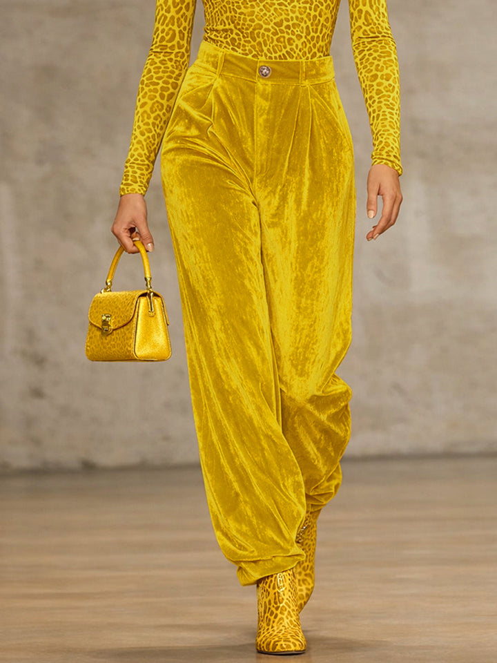 Pantalon plissé taille haute, à poches, en velours, couleur unie