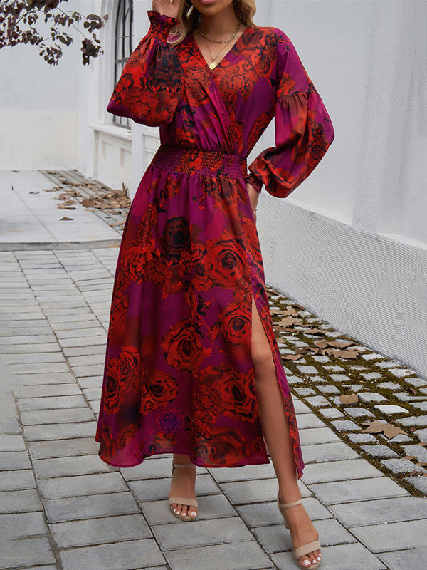 Robe longue fendue sur le côté coupe trapèze, taille haute, à taille élastique, à imprimé floral, sans ceinture, à col en V