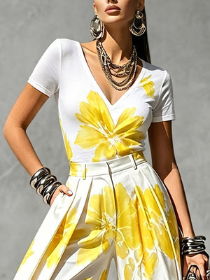 T-shirt à manches courtes, à imprimé floral, à col en V