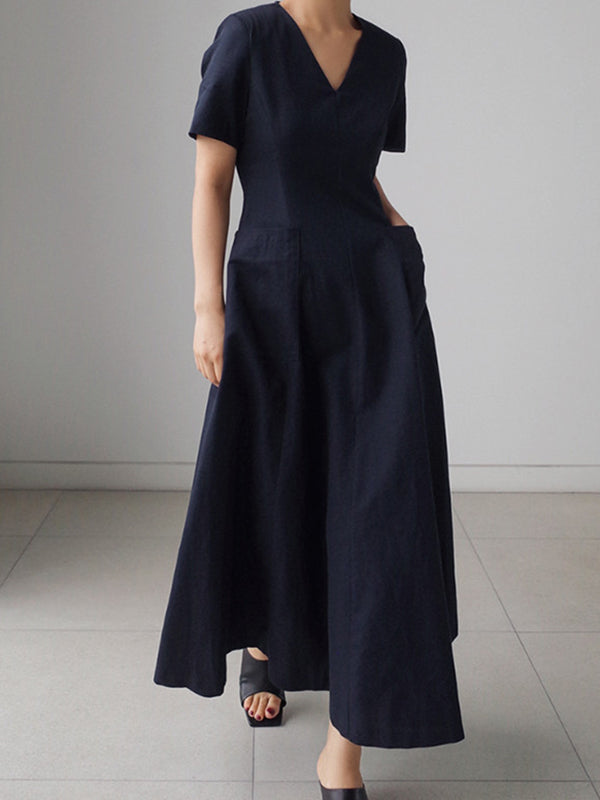 Robe mi-longue simple décontractée plissée couleur unie